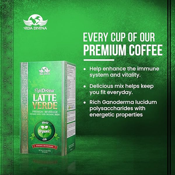 VIDA DIVINA LATTE VERDE – ENERGIZING REISHI & MATCHA BLEND FOR HEALTHY LIFE STYLE – LIVER & HEART SUPPORT, WEIGHT CONTROL, ENERGY & FOCUS, 20 SACHETS