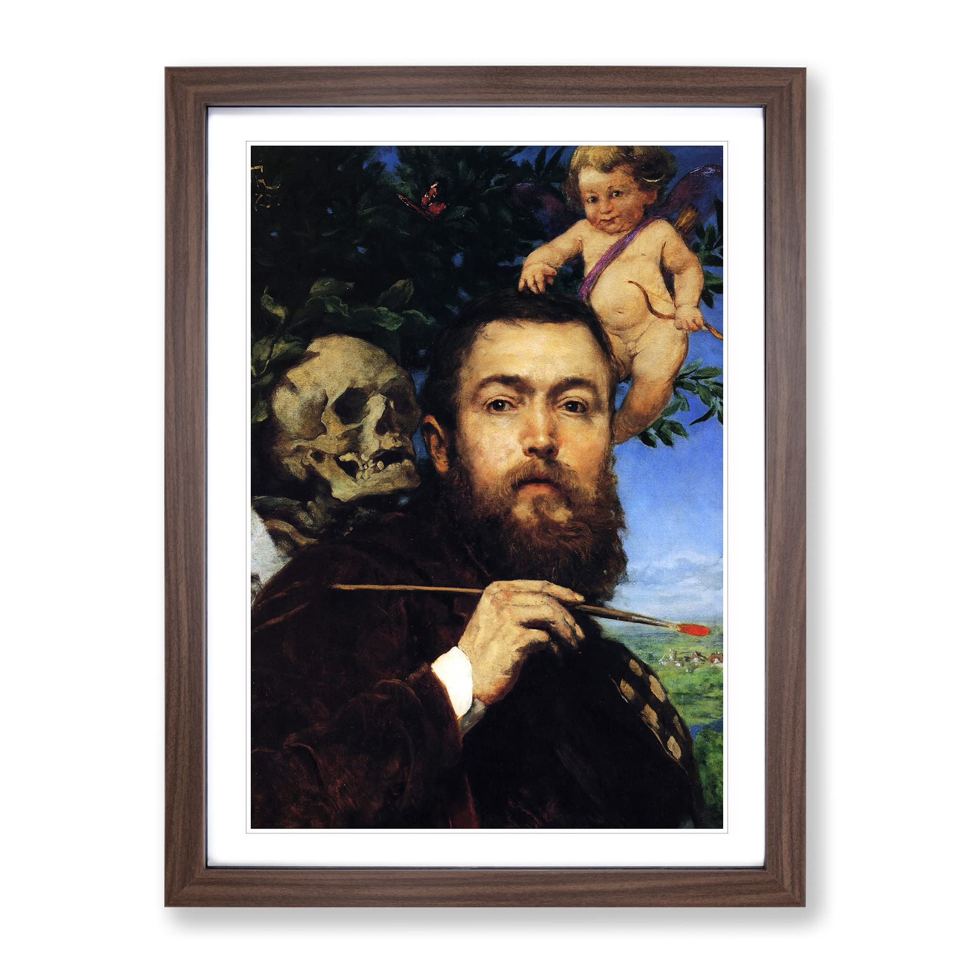 Hans Thoma Self Portrait With Love And Death Classic Painting Framed Wall Art Print, Ready to Hang Picture for Living Room Bedroom Home Office Décor, Walnut A4 (34 x 25 cm)