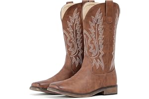 IUV Cowboy Boots For Women Square Toe Wide Western Boots Mid Calf Cowgirl Boots Pull On Embroidered Brown Cowboy Boots