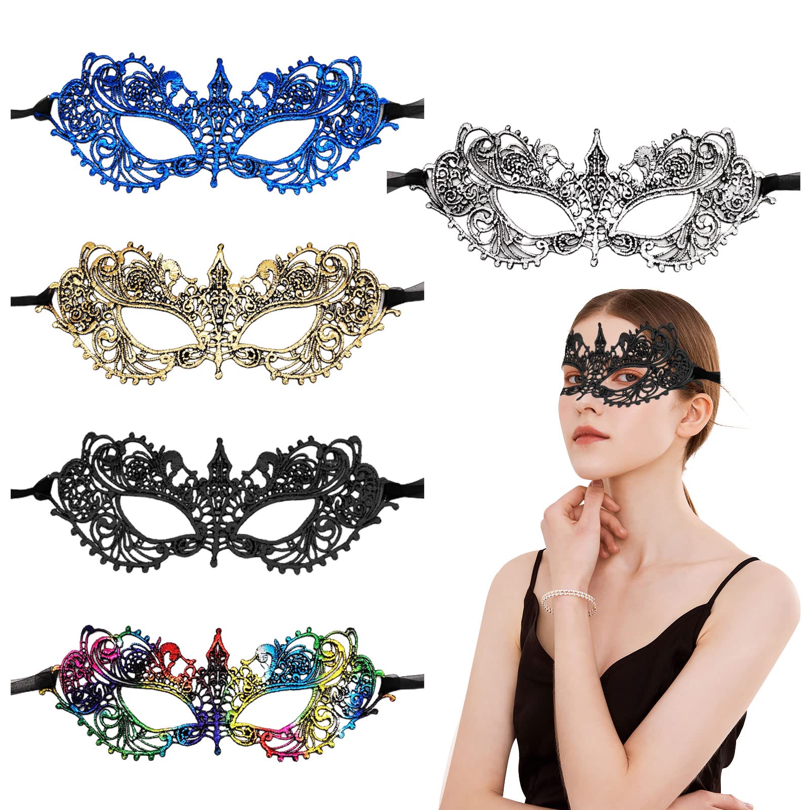 TSHAOUN 5 PCS Masquerade Ball Mask，Lace Eye Mask Lady Girl Face Venetian Lace Mask,For Fancy Carnival Ball Halloween Party Costume Dress Halloween (5colors)