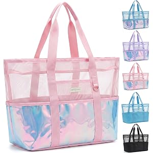 Iridescent Mesh Beach Bag with Zipper, 14 Pockets Large Beach Tote Bag | Waterproof Foldable Lightweight Pool Swim Bag, Gym Y