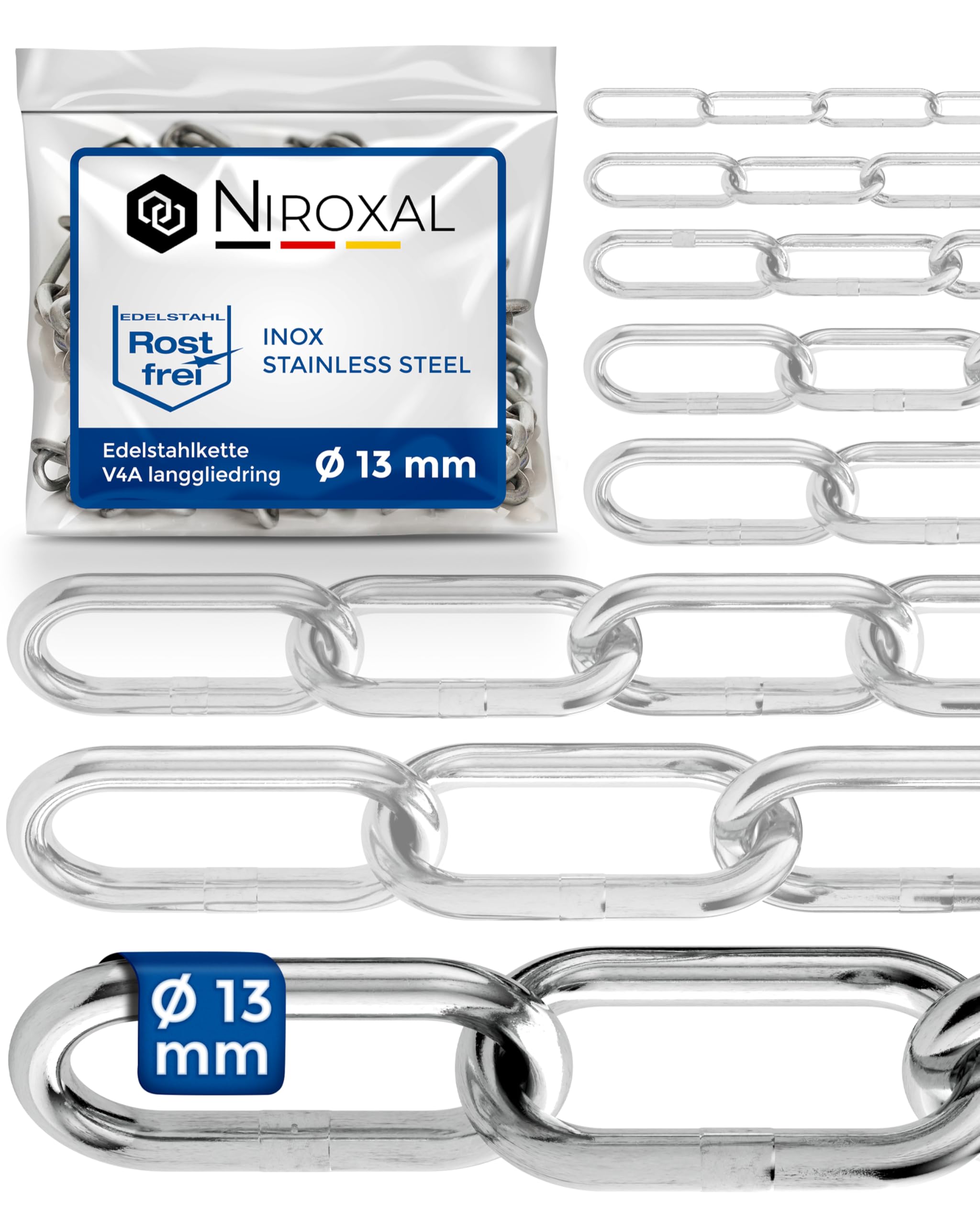 Stainless Steel Chain 316 Marine Grade 13 mm Heavy Duty Long Link DIN 763 DIN 5685 Anchor Chain 1 m 1 Piece NietFullThings