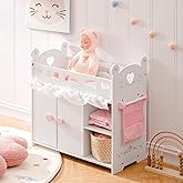 ROBOTIME Baby Doll Crib – Wooden Baby Doll Changing Table with Storage – Bedding & Hooks, Fits 18-21" Dolls, Doll Bed Playset for Girls Ages 3+