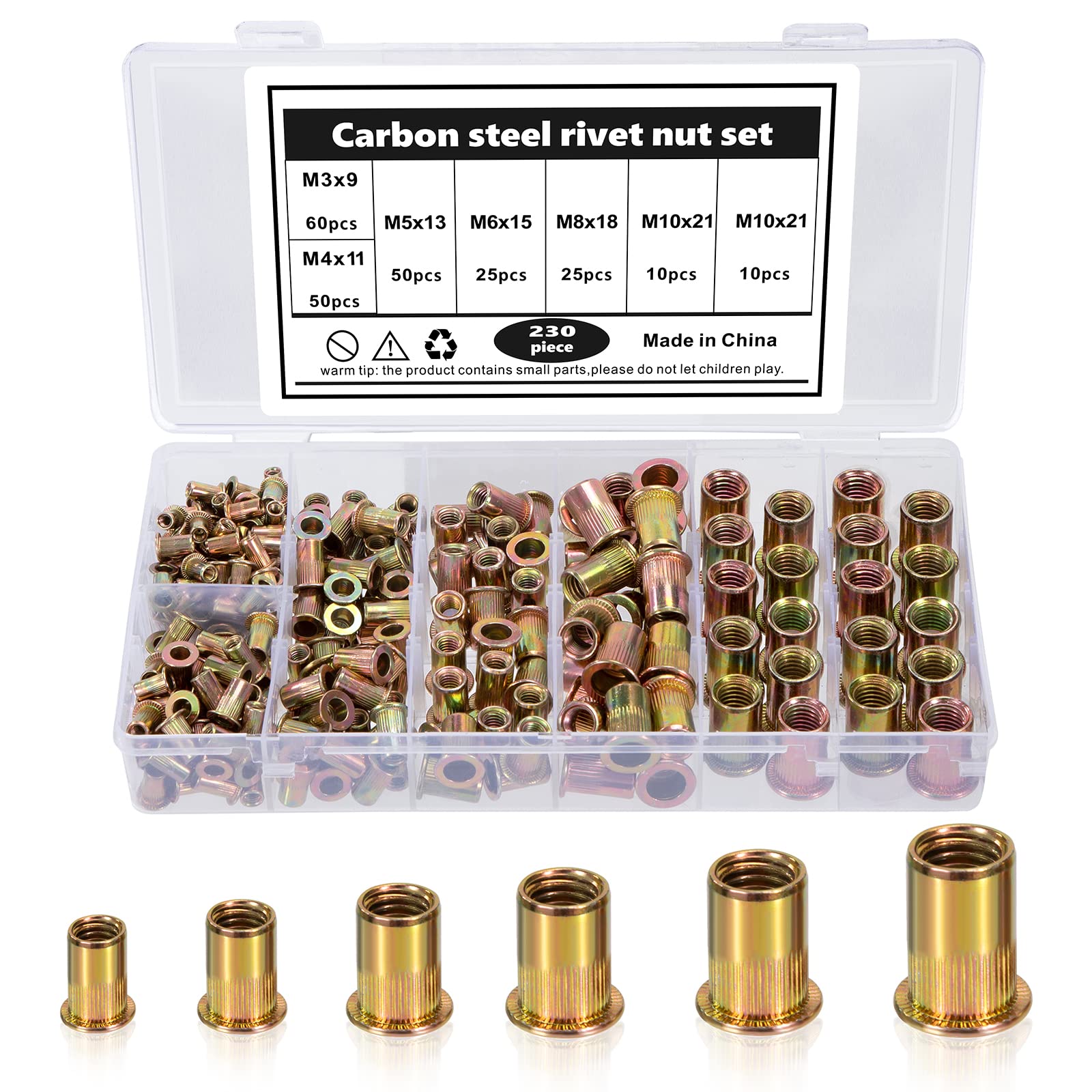 Johotone Rivet Nut Carbon Steel Rivnut Kit M3 M4 M5 M6 M8 M10 Flat Head Threaded Insert Nutsert Rivnuts Quick Riveting Assortment Kit 230 Pieces