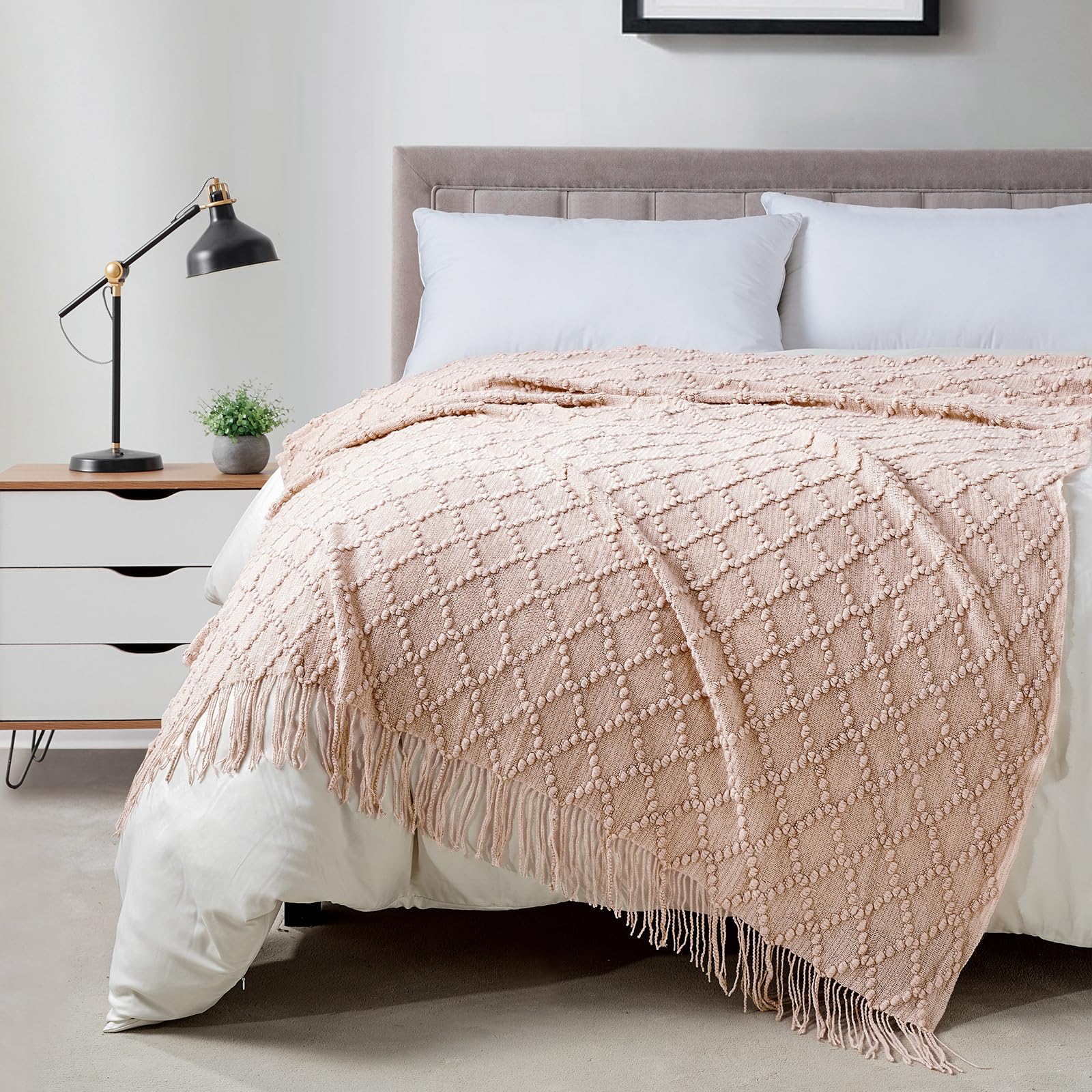 BOURINA Throw Blanket Textured Solid Soft Throws and Blankets for Sofa or Bed Knitted Decorative Blanket 127x178cm Pink