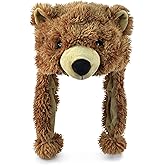 Puzzled Brown Grizzly Bear Hat - Soft Plush Animal Beanie with Ear Flaps, Cozy Fleece, Warm Winter Hat for Kids, Teens, Adults - One Size
