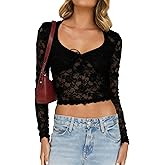 Ahtyeo Womens Long Sleeve Going Out Tops Lace V Neck Mesh Sheer Crop Shirts Sexy Cute Y2K Trendy Outfits