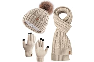FURTALK Womens Winter Hat Gloves Scarf Set Fleece Knit Pom Beanie Warm Neck Warmer Touchscreen Gloves 3 in 1 Gift Set