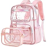 Clear Backpack for Girls,Transparent Backpacks Crossbody Bag for Kids Elementary School Student,Heavy Duty See Through Daypack 2PCS Bookbag Stadium Approved for Teen,College,Work,Travel,Concert Pink