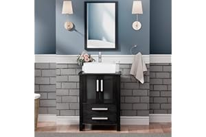 UEV 24" Black Bathroom Vanity with Ceramic Vessel Sink, Faucet, Pop Up Drain and 30% Water-Saving Design, Soft Closing Drawers/Doors,Mirror Not Included (T03)
