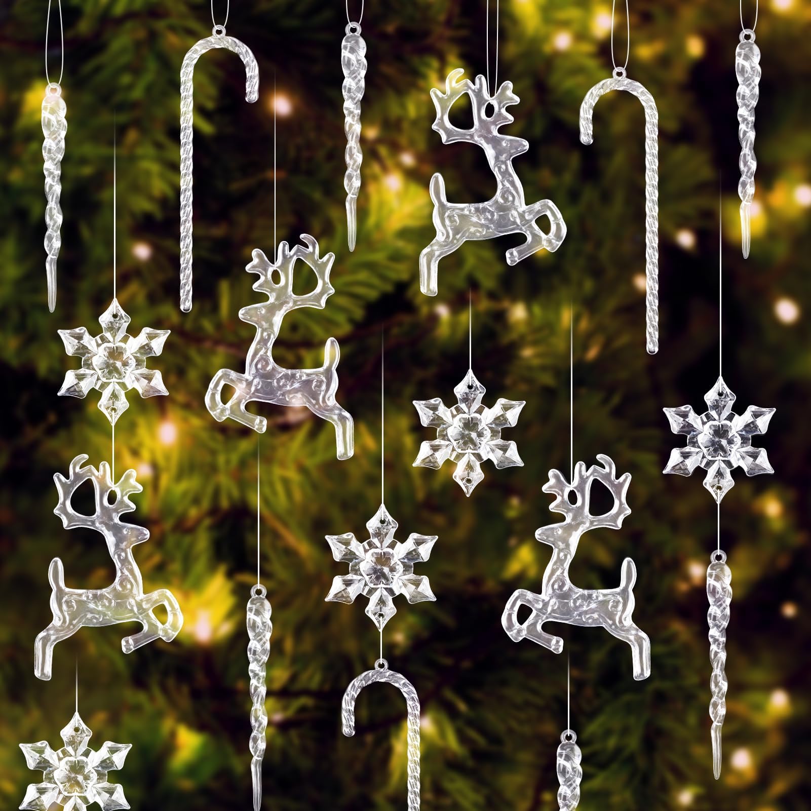 MELLIEX 30 Pcs Acrylic Christmas Decorations, Clear Icicles Snowflake Christmas Ornaments, Crystal Christmas Tree Pendants With Line for Christmas Party Decorations