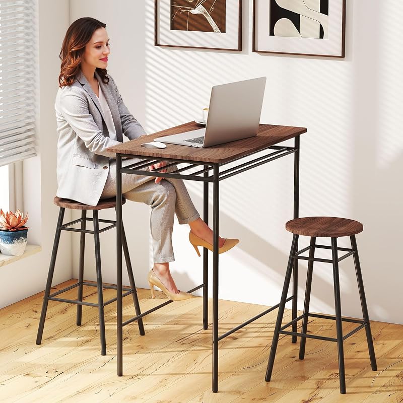 Bartisch und Hocker Set, 2 Hocker Industrial, Braun