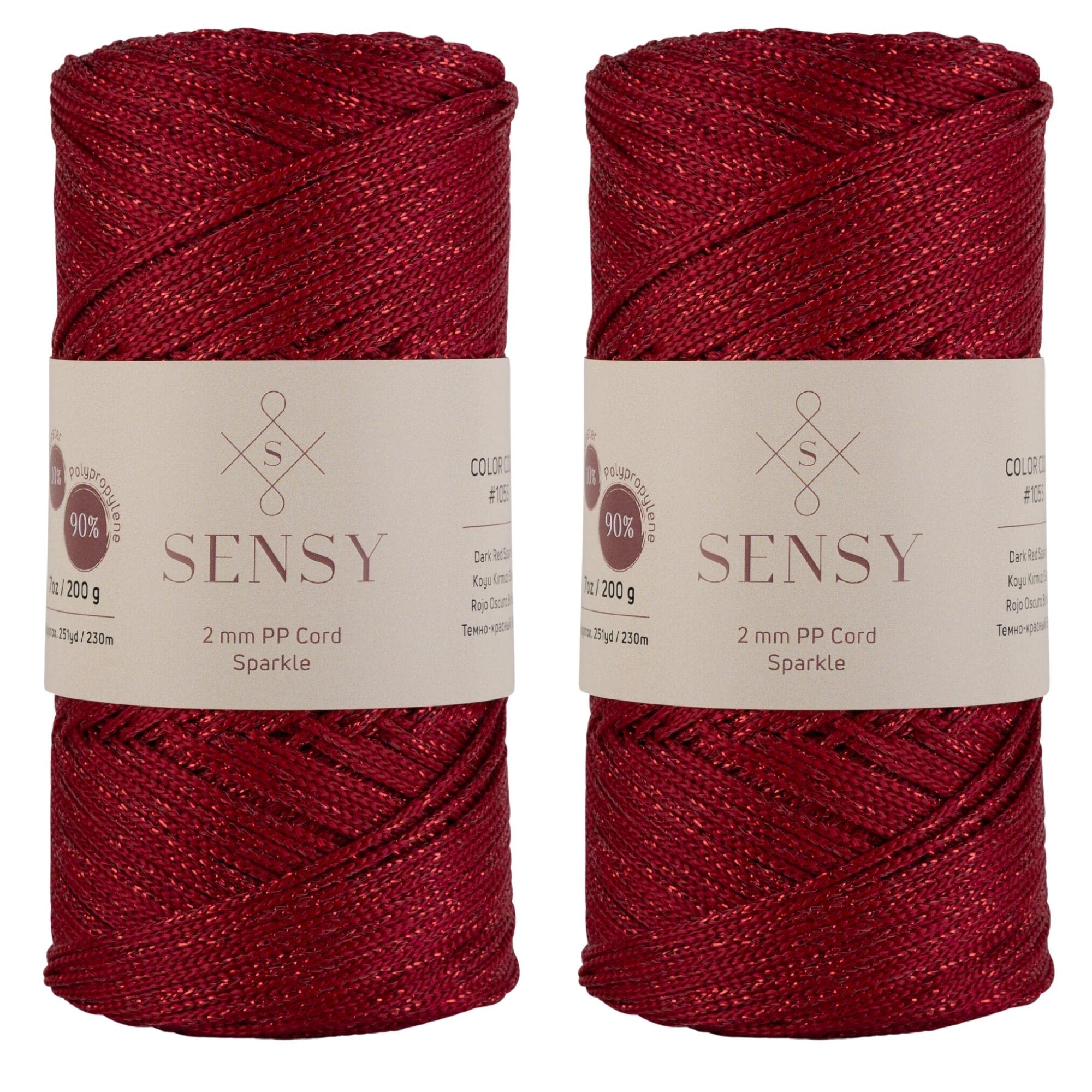 Photo 1 of 2 Pack of Sensy Premium 2mm 251 Yards Sparkle Polyester Rope 90% Polypropylene 10% Polyester Cord Macrame Cord 2mm Crochet Bag Cord Macrame Rope Crochet Thread Gift for Knitter (Dark Red Sparkle)