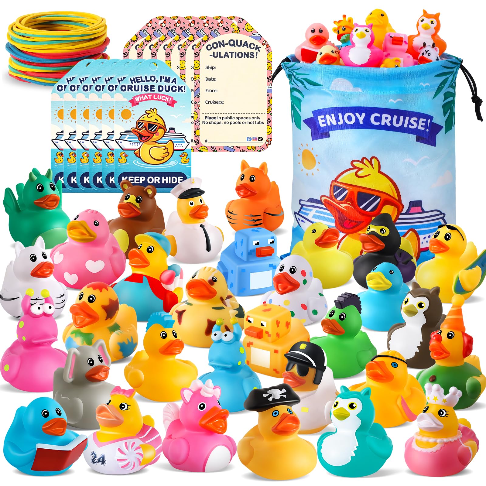 Photo 1 of 100 Pcs Cruise Rubber Ducks Kits Include 30 Pcs Cruise Ducks 30 Pcs Cruising Duck Tags and 40 Pcs Rubber Bands, Bulk Ducks for Jeep Cruise Ships Hiding Carnival Ducking Gift Christmas Stocking Stuffer