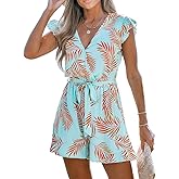 CUPSHE Women's Romper Tropical Flutter Sleeve Boho Overall V Neck Wide Leg Outfit Casual Beach