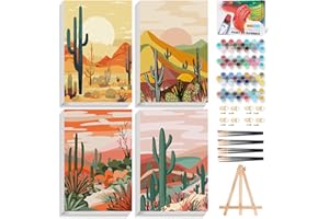 Offito 4 Pack Framed Paint by Numbers Kit for Adults Beginners with Wooden Easel, Cactus Easy Paint by Number Kit with Frame, Watercolor Adult Paint by Number Framed Canvas (8 * 12 Inch)