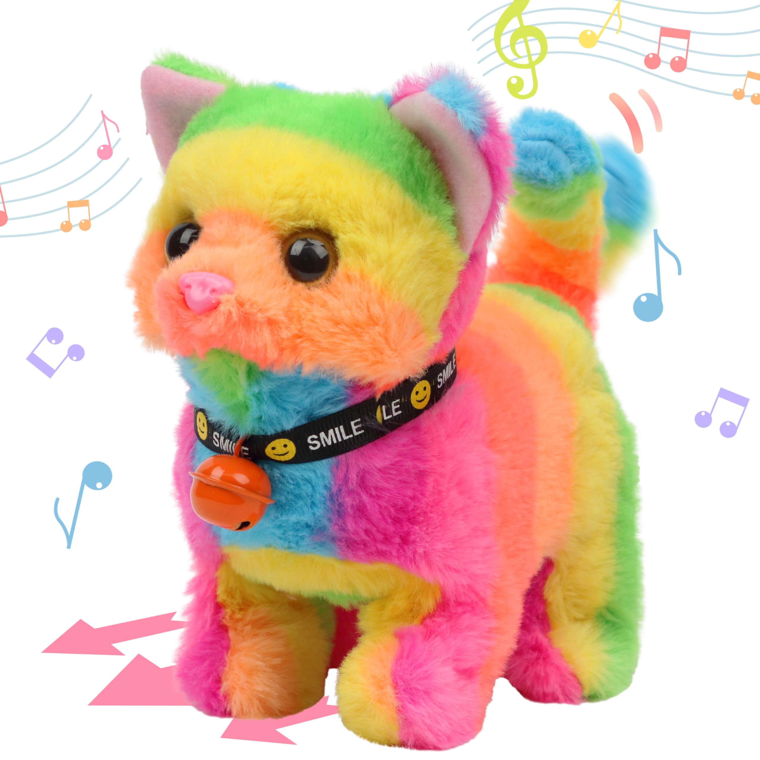 Photo 1 of Hopearl Walking Cat Interactive Electronic Pet Plush Kitty Toy with Sounds and Movements Animated Meow Shake Head Wiggle Tail Gifts for Toddlers Birthday, Rainbow, 7''