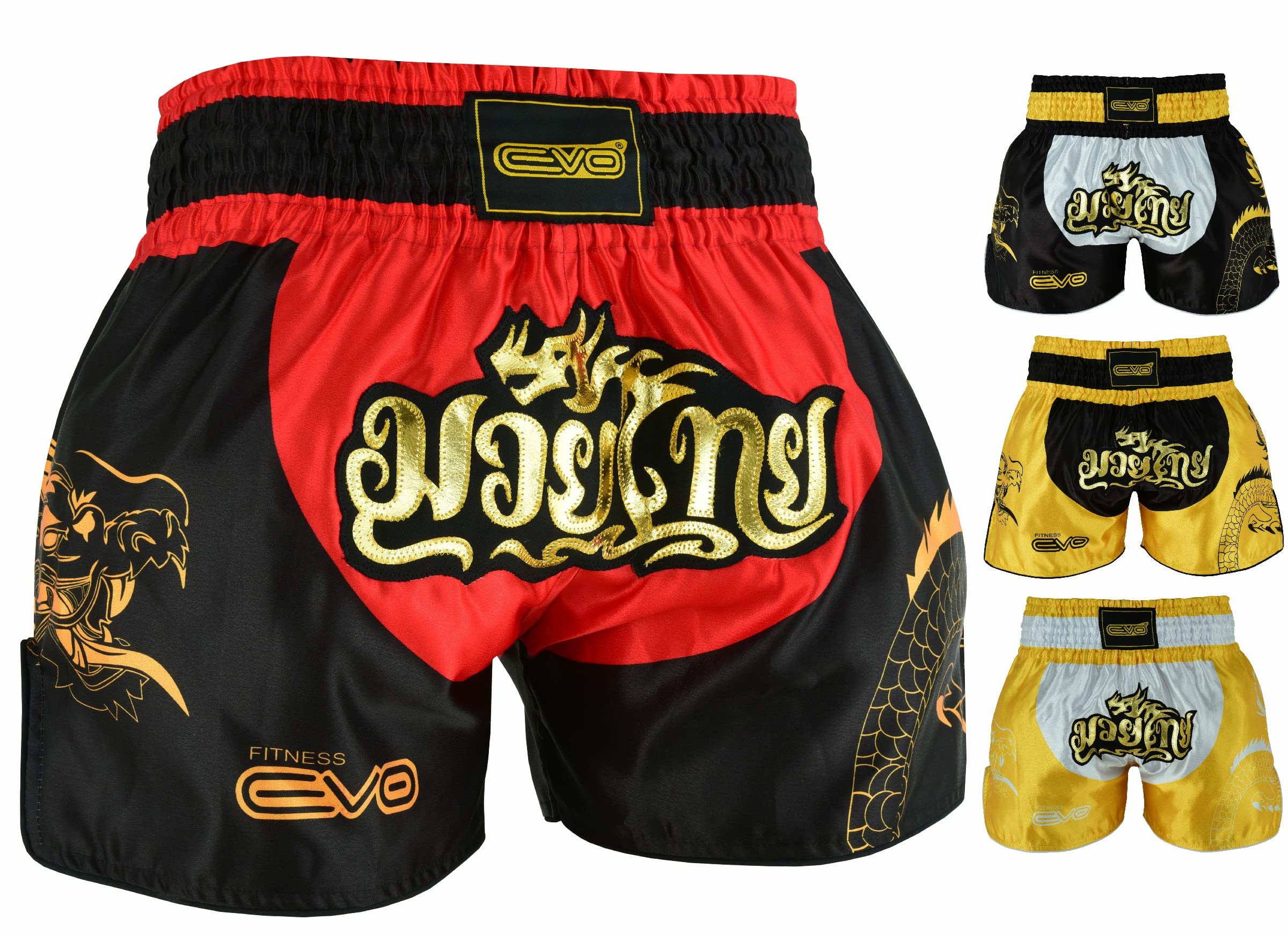 EVO Fitness Muay Thai Shorts MMA Martial Arts Grappling Kick Boxing UFC Cage Fighting Gym Training Men Women Clothing Gear (X-Small, Red/Black)