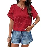 PRETTYGARDEN Women's Tops 2026 Summer Ruffle Short Sleeve Crewneck Blouses Swiss Dots Solid Loose Tunics Work Shirts