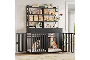 Keyluv 71''H x 47.2''W Large Dog Crate Furniture with 4-Tier Shelves and 2 Storage Drawers, Heavy Duty Dog Cage Furniture with 2 Doors, Wood & Metal Dog Kennel Indoor for Small/Medium/Large Dog, Black