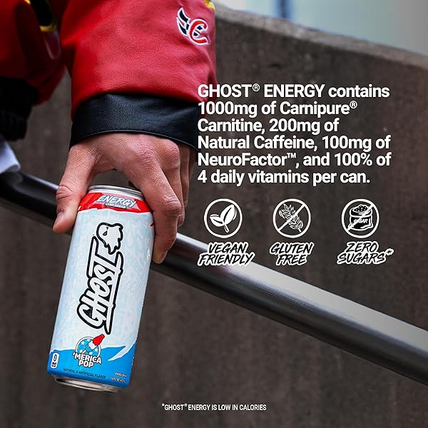GHOST ENERGY DRINK – 12-PACK, ‘MERICA POP, 16OZ CANS – ENERGY & FOCUS & NO ARTIFICIAL COLORS – 200MG OF NATURAL CAFFEINE, L-CARNITINE & TAURINE – GLUTEN-FREE & VEGAN