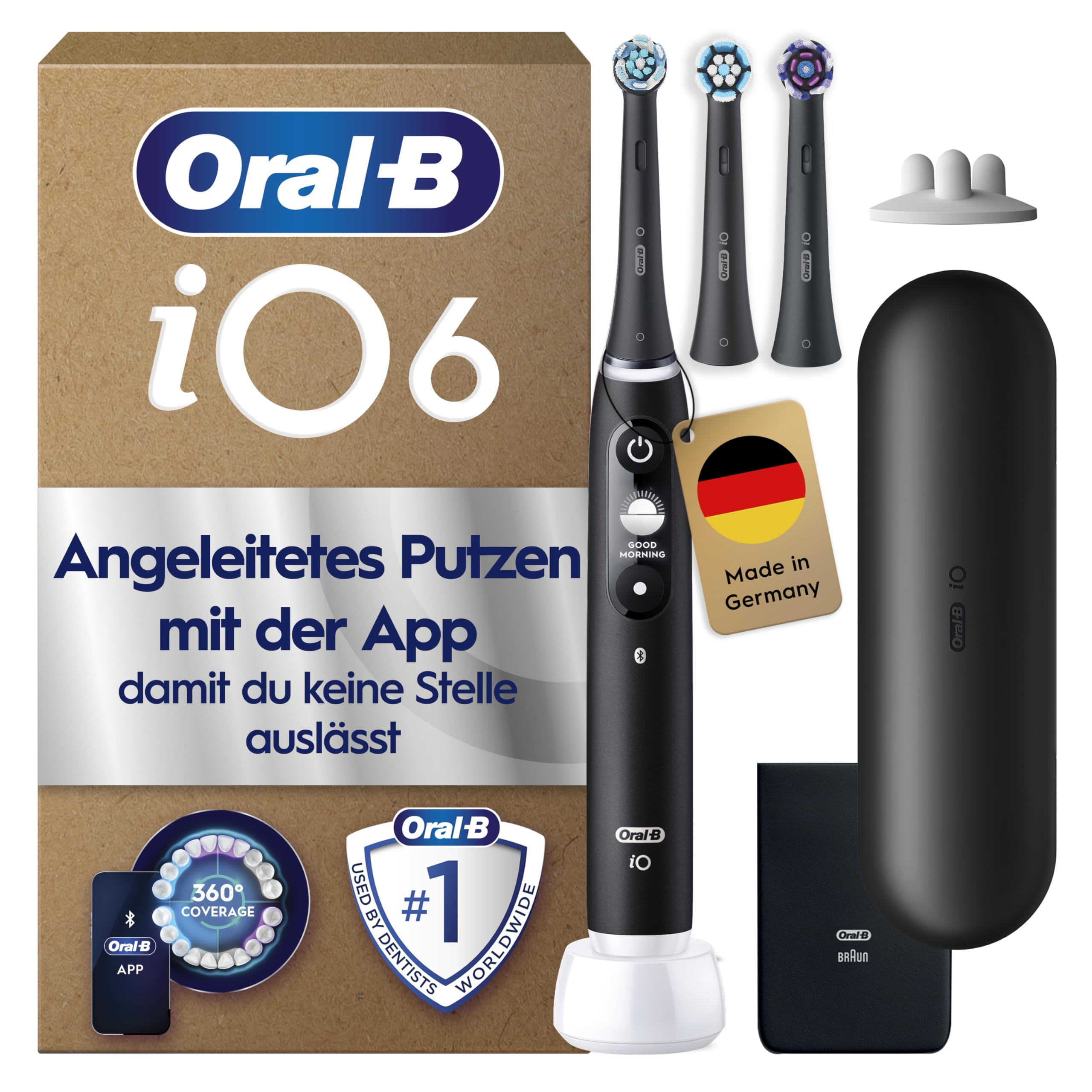 Oral-B iO Series 6 Plus Edition Elektrische Zahnbürste/Electric Toothbrush, Inkl. 3 Aufsteckbürsten, 5 Putzmodi für Zahnpflege, Reise-Etui, Designed by Braun, Schwarz
