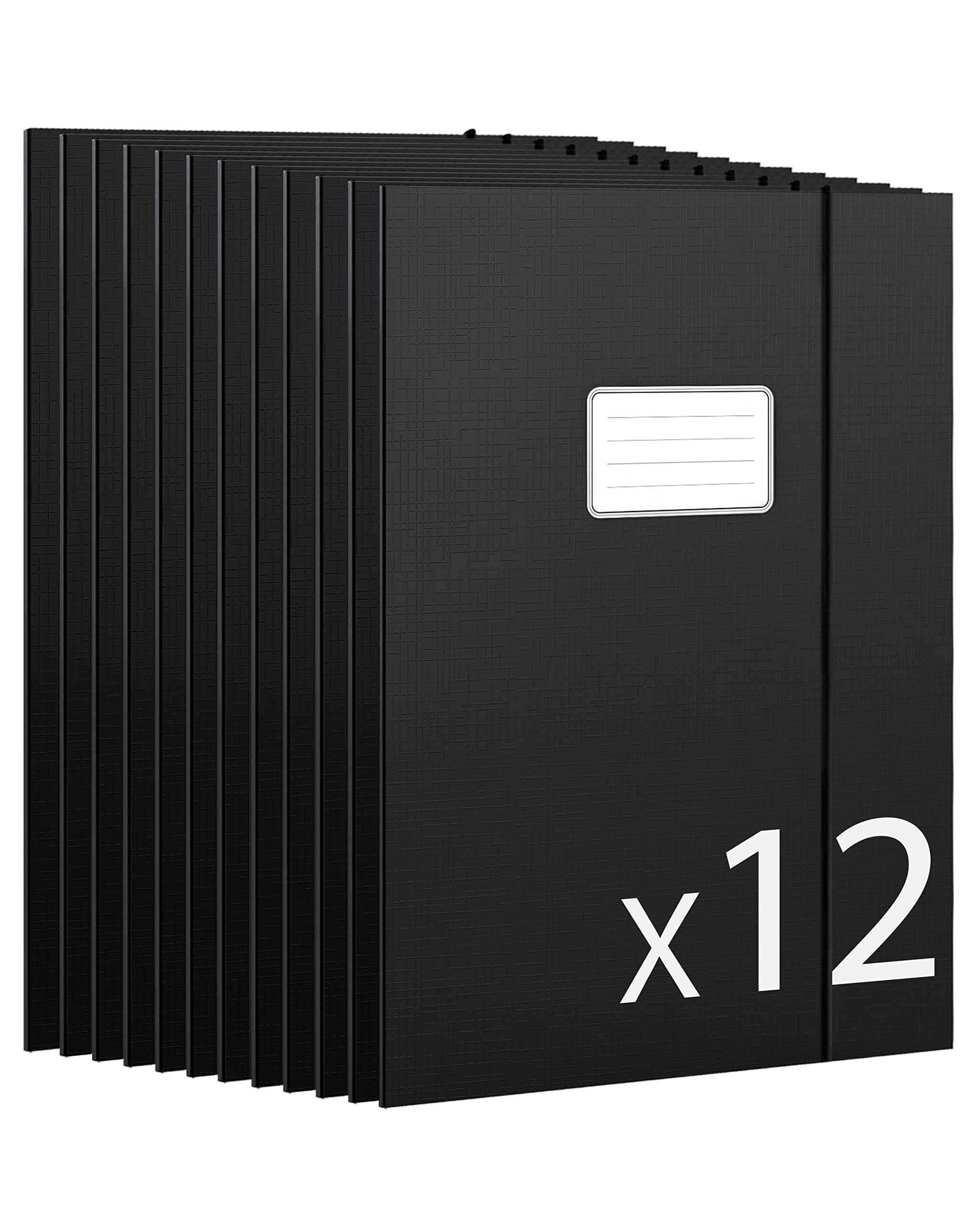 JiaWei Folders for Paperwork A4, Pack of 12 File Folder, 3 mm Spine, Made of 350 g/㎡ Cardboard with 3 Flaps & Elastic Strap, Document Organiser - Black