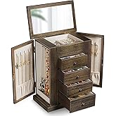 Emfogo Jewelry Box for Women, 5 Layer Large Wood Jewelry Boxes & Organizers for Necklaces Earrings Rings Bracelets, Rustic Jewelry Organizer Box with Drawers and Mirror(Vintage)