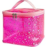 TotePrint Holographic Star Print Pink Makeup Bag - Portable & Waterproof Barrel-Shaped Toiletry Bag, 8.27x6.7x6.3in Cosmetic Case for Women & Men (Pink Star)