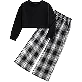 Gaupafmb Girls Clothes Solid Long Sleeve Tops Plaid Wide Leg Pants with Pockets Girls Outfits Size 6-14