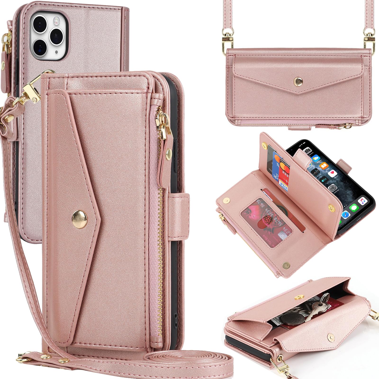 Zouzt for iPhone 11 Pro Max Wallet Case for Women, Purse with Credit Card Holder Slots Crossbody Lanyard Strap Zipper Flip Book Shockproof Protective Phone Cover for Apple 11 Pro Max 6.5 Inch (Pink)