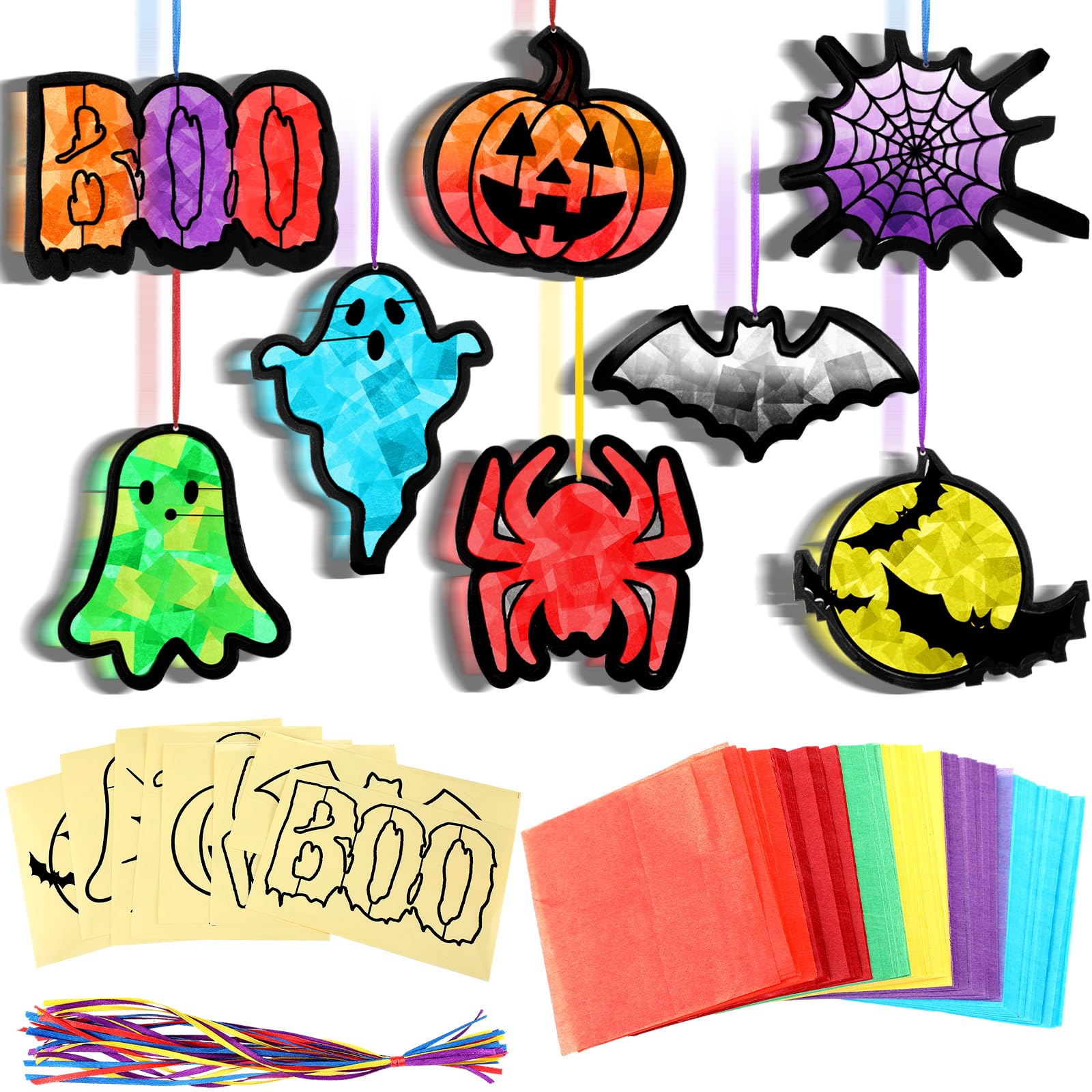 Eersida 32 Pcs Halloween Suncatchers Paper Craft Set DIY Ghost Pumpkin Spider Shaped Stained Glass Tissue Paper Kits Bulk for Window Classroom Activities Art Halloween Party Decorations Favors Gift