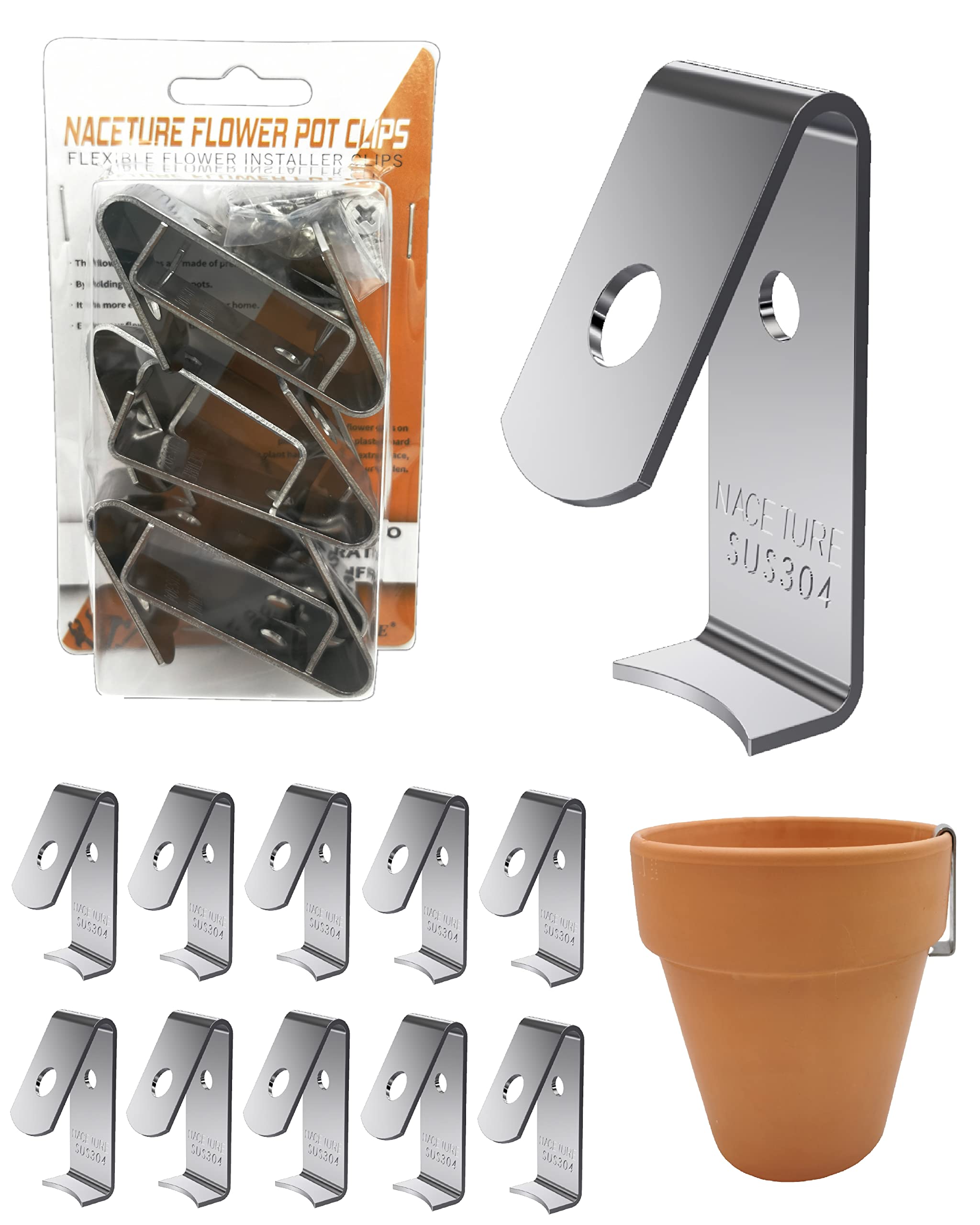 NACETURE 12 Pack Plant Hangers Flower Pot Clips Stainless Steel - Outdoor Wall Hook Metal Plant Stand Holds 5" to 8" Standard Flower Pot