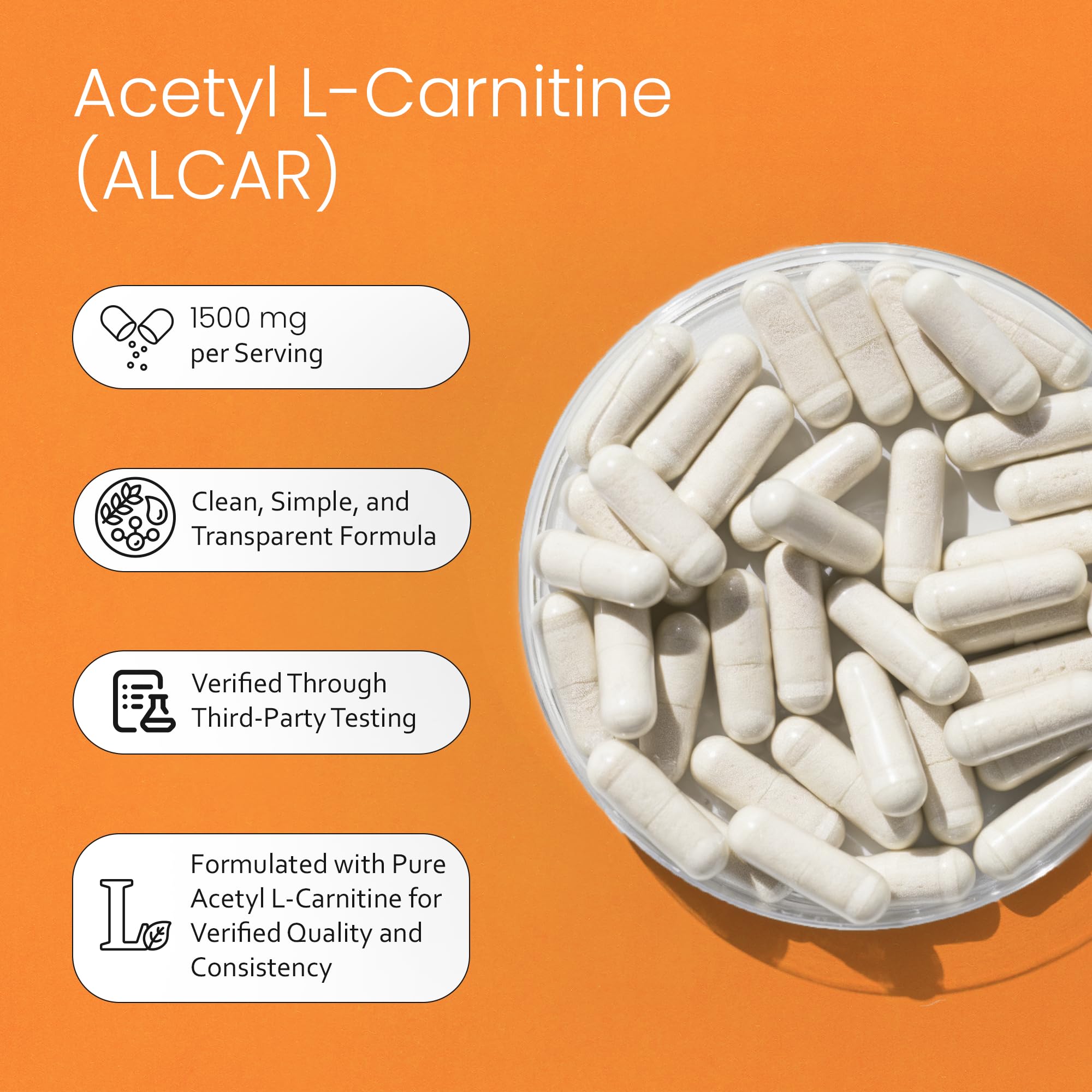 Acetyl L-Carnitine (ALCAR) 1500 mg per Serving – 100 Capsules – Non-GMO, Gluten-Free, Vegan