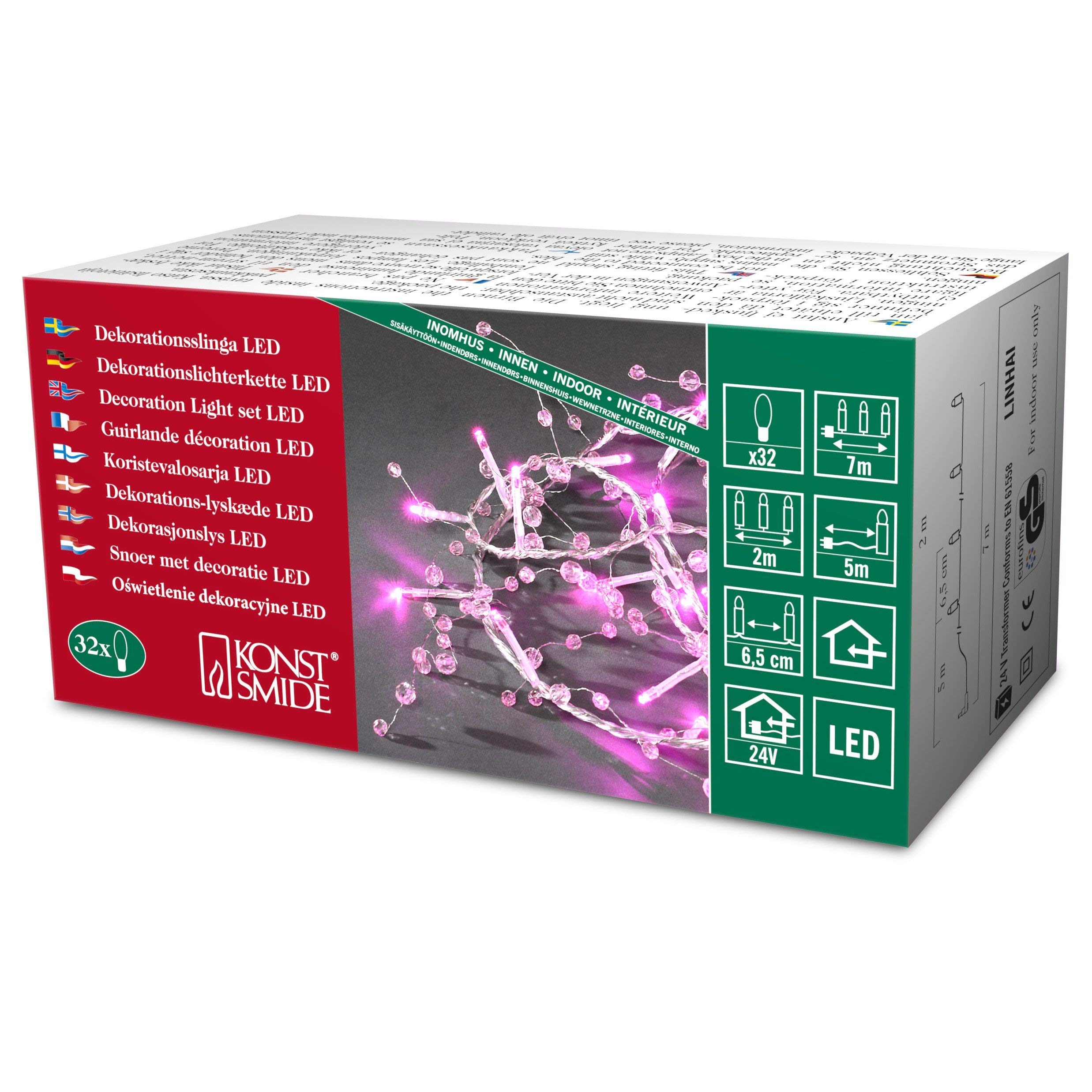 Konstsmide 3172-343 LED Decorative Light Set Pink and Transparent Beads/for inside (IP20) / 24V internal transformer / 32 Pink Diodes/Transparent Cable