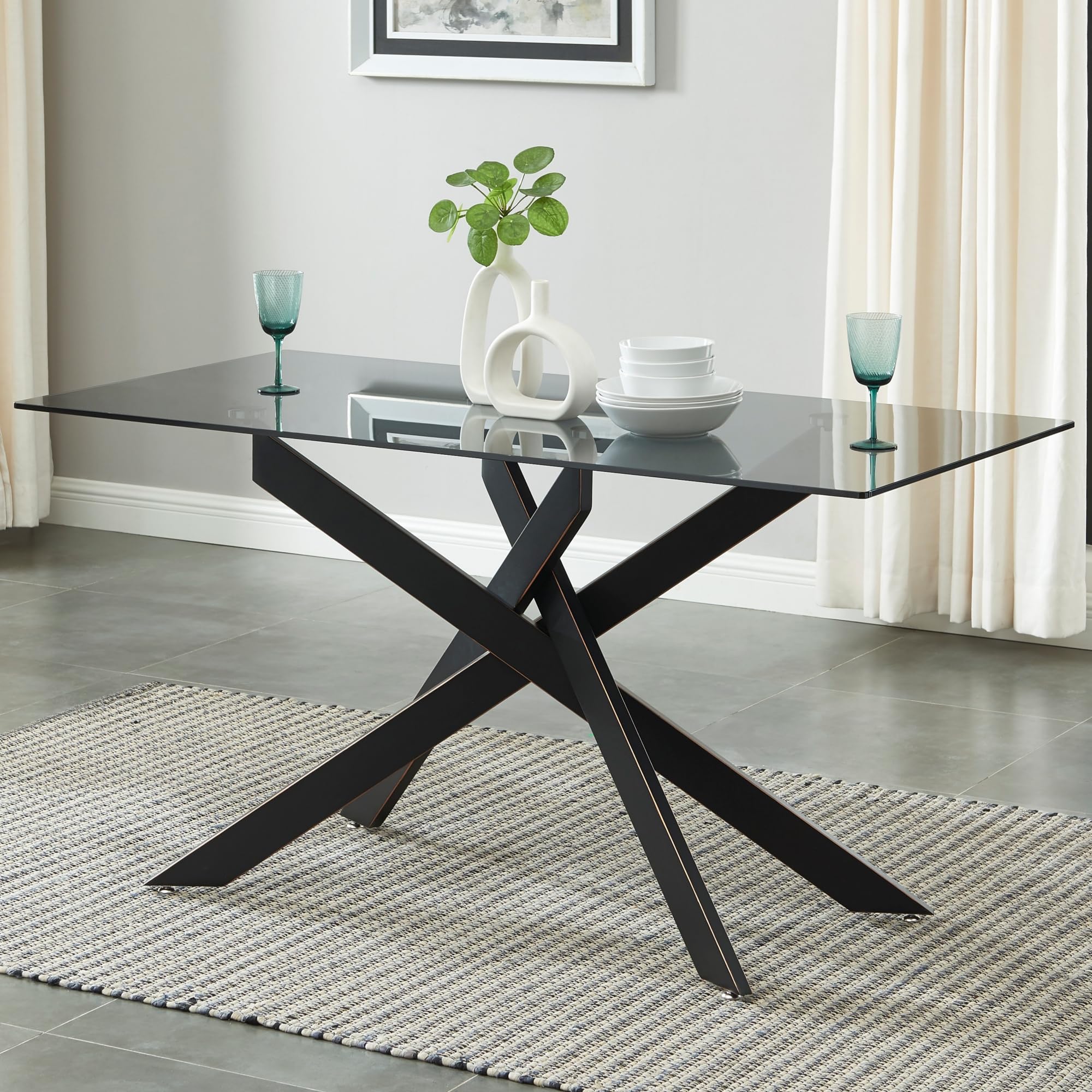 Photo 1 of Modern Style Dining Table with Gray Tempered Glass Top and Black Metal Tubular Legs, 58.5”Lx29”Wx30”H