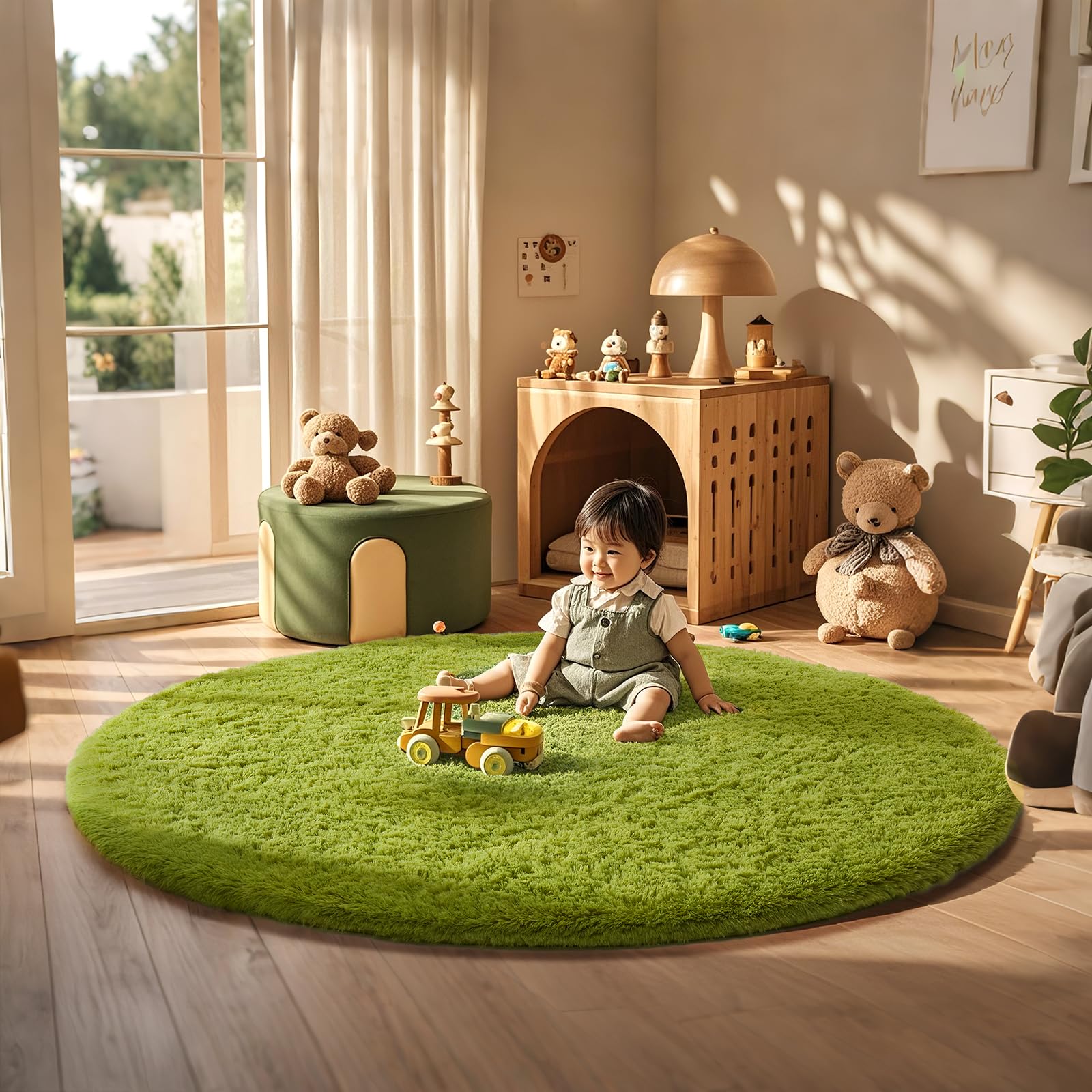 Photo 1 of Ophanie Round Rug 6Ft Green Circle Area Rug, Green Room Decor, Fluffy Fuzzy Bedroom Carpet, Plush Soft Shaggy Living Room Rugs for Kids Home Decor Aesthetic, Nursery