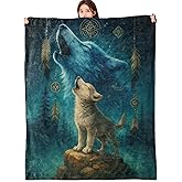 vnlvnl Howling Wolf Blanket Lightweight Flannel Blankets Gifts for Men Mystical Night Forest Scene with Feathers and Dreamcatcher Artprinted Throw for Couch Chair Office Bedroom Decor, 60x50inch