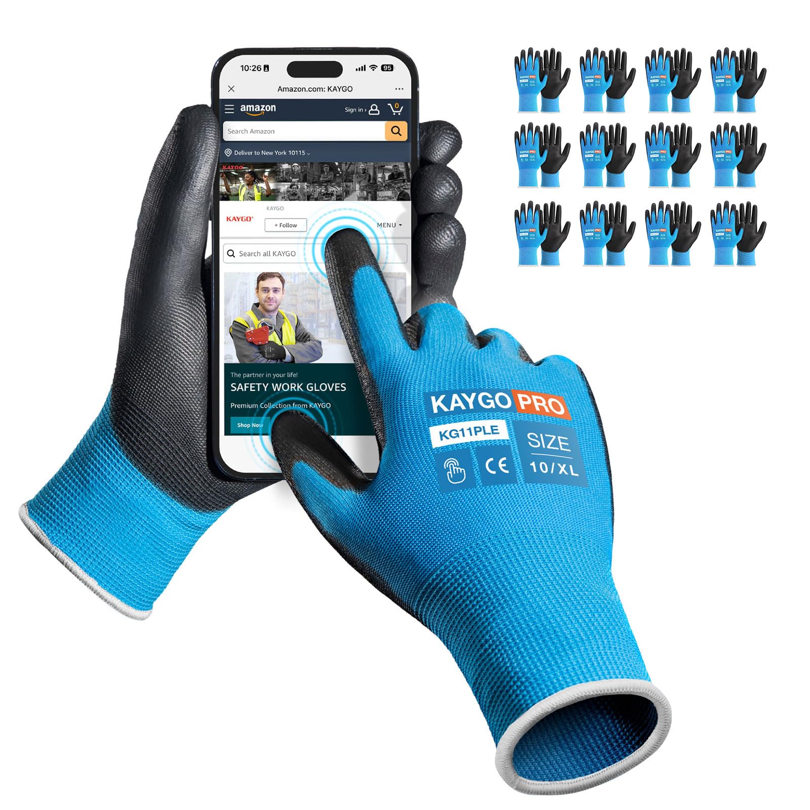 KAYGO Work Gloves PU Coated 12 Pairs Touchscreen, KG11PLE, Safety Working Gloves with Secure Grip on Palm & Fingers, for Men and Women, Ideal for General Duty Work, Gardening (X-Large, Blue)