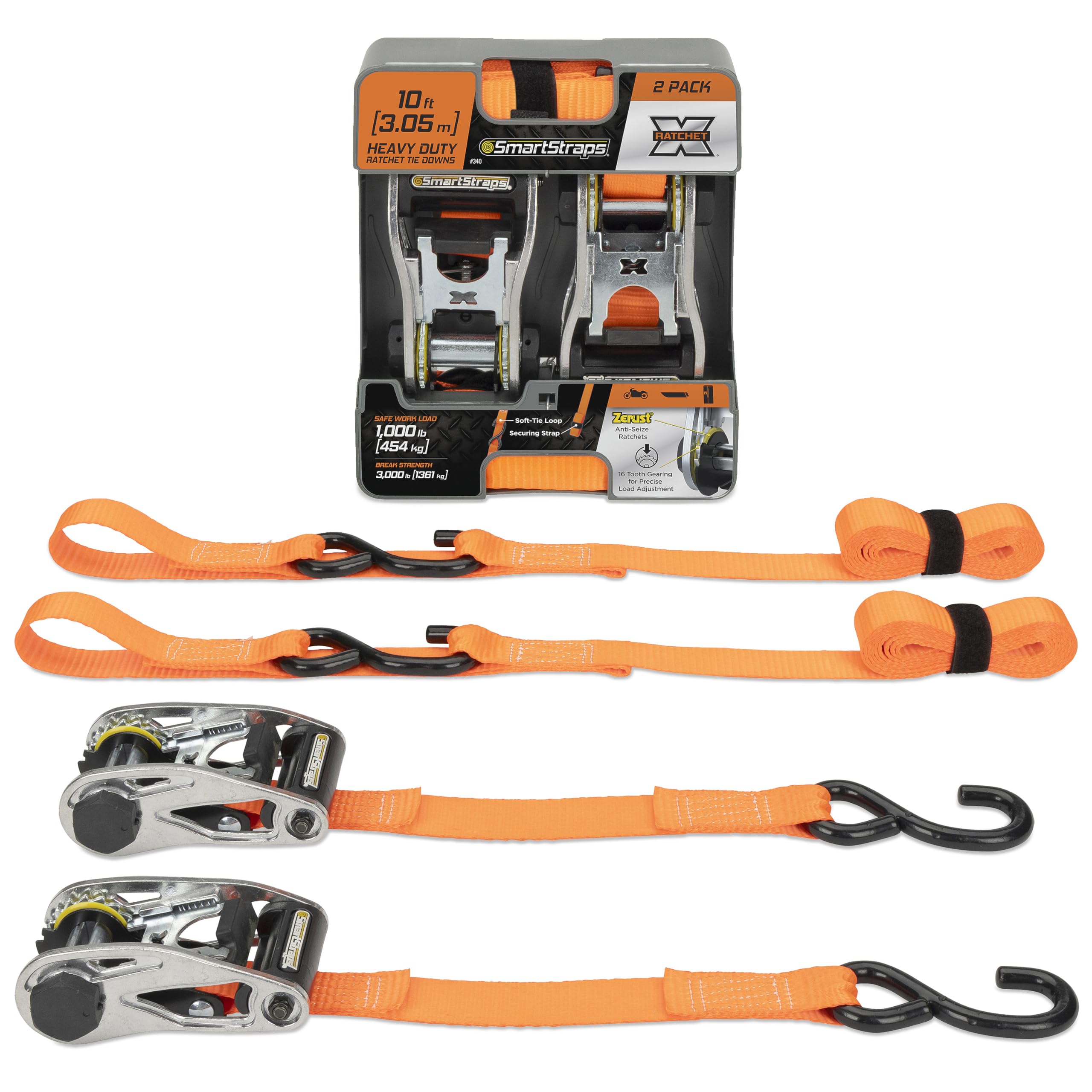 SMARTSTRAPS 10’ RatchetX Premium Ratchet Tie-Down Straps, 2 Pack – 3,000lbs Break Strength, 1,000lbs Safe Work Load – Heavy Duty Tie Downs for Heavier Loads