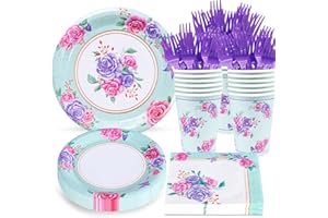 Atonofun Tea Party Supplies, Tea Party Plates and Napkins Sets, Disposable Floral Plates, Cups, Cutlery for Girl's Birthday, Baby Shower, Bridal Shower Floral Party Decorations Serves 24