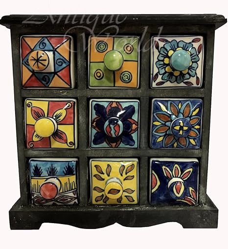 Antiques World Beautiful Ceramic 9 Drawers Indian Royal Spices Box