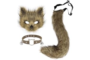 hbbhml Faux Fur Fox Mask Wolf Cat Fluffy Tail and Leather Necklace Set Halloween Party Cosplay Costume Accessory