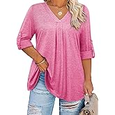 Siddhe Plus Size Tops for Women 3/4 Sleeve Shirts V Neck Blouses Tunic Top Spring Summer 2024, Pink, XL