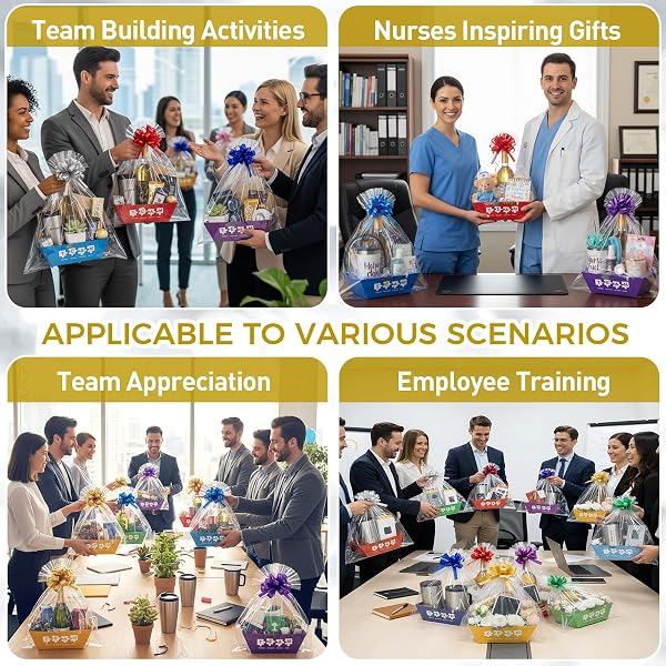 TENCEUR 24 SET EMPTY BASKETS FOR TEAM APPRECIATION GIFTS – BULK GIFT BASKET KIT WITH PULL BOWS & PLASTIC BAGS DIY CARDBOARD TRAY FOR TEAM EMPLOYEE TEACHER COWORKER NURSE PRESENT(CLASSIC,KRAFT)