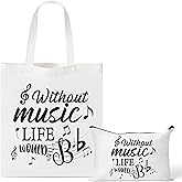 Y1tvei Black Music Canvas Bag - 2Pcs Musical Note Themed Reusable Grocery Shopping Handbag, Without Music Life Would B Flat Canvas Tote Bag Makeup Pouch, Recital Gift for Musical Lover Singer Musician