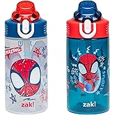 Zak Designs Marvel Spider-Man Sage Kids Water Bottle For School or Travel, 16oz Durable Plastic Water Bottle With Straw, Handle, and Leak-Proof Spout Cover, 2-Pack (Spidey and His Amazing Friends)