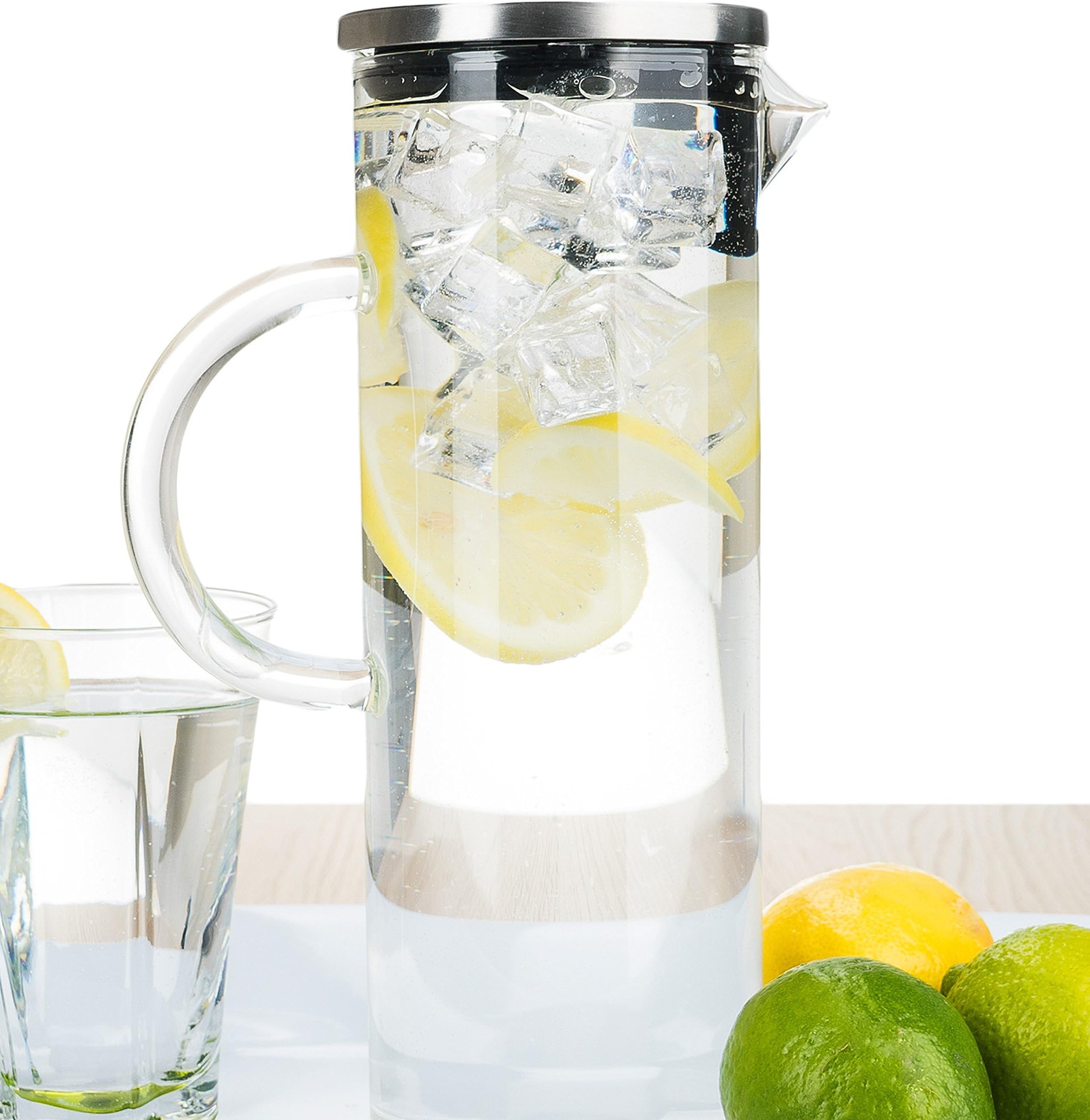 bobuCuisine's Elegant Chill Glass Pitcher - Stunning Scandinavian Design - Premier Quality Borosilicate Glass - Stainless Steel Lid - 1300ml/44oz Water Pitcher