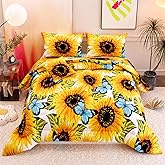 Namoxpa 6 Pieces Sunflower Comforter Sets,3D Pattern with Sunflower Blue Butterflies,Decorative 6 Piece Bedding Sets with Comforter,Flat Sheet,Fitted Sheet,Throw Pillow Cover,Pillow Shams,Queen Size
