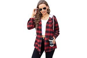 HOTOUCH Hooded Flannel Shirt Women Plaid Jacket Shacket Long Sleeve Button Down Blouse Casual Fashion Boyfriend Top Pocketed